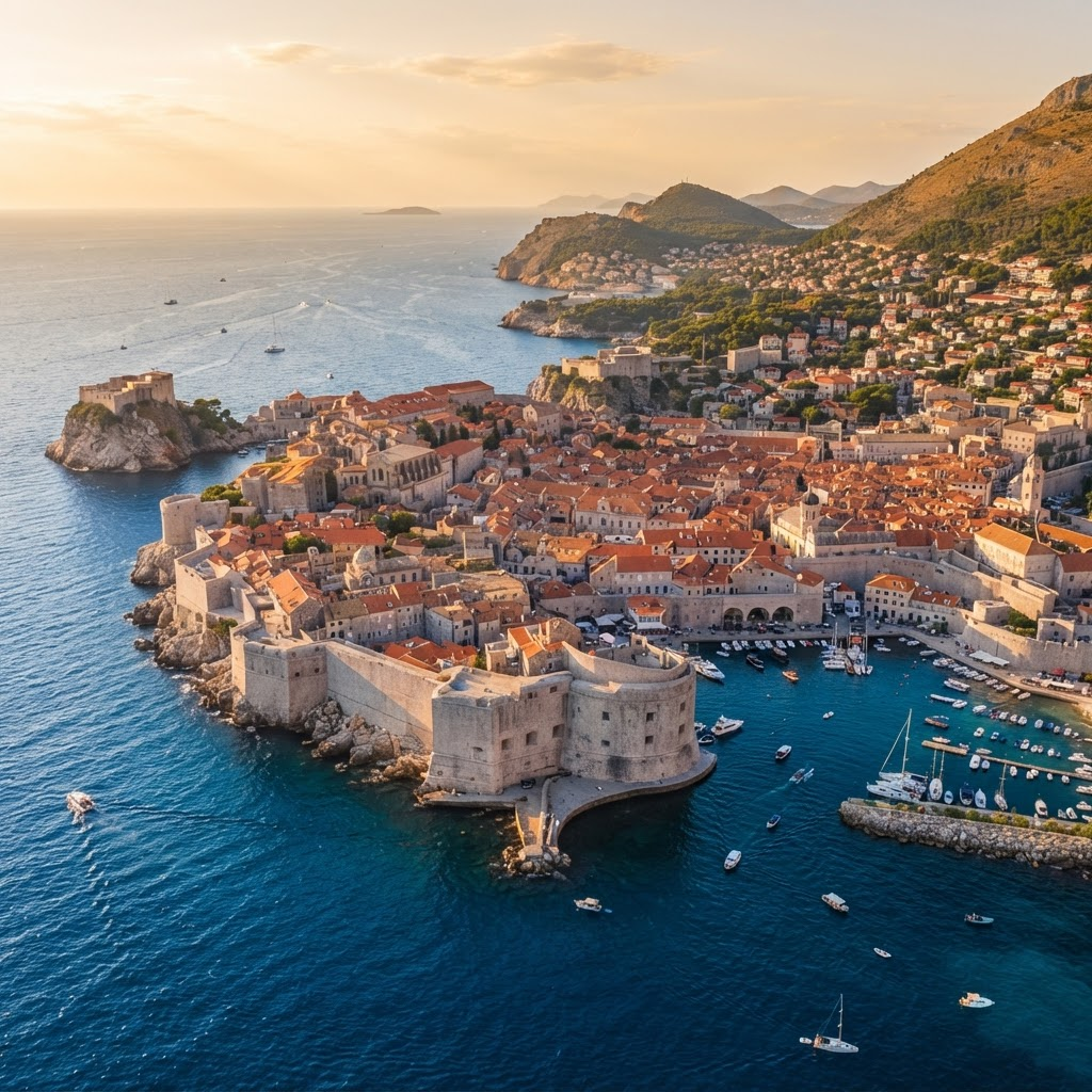 Aerial view of Dubrovnik old town with ancient city walls by the Adriatic