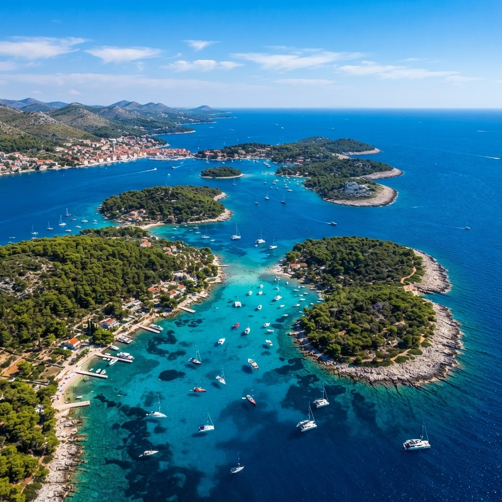 Turquoise coves of the Pakleni islands near Hvar with anchored sailboats